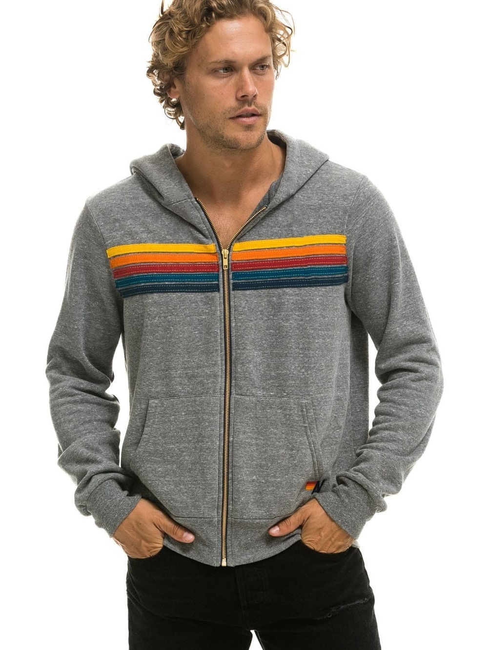 Aviator Nation 5 Stripe Hoodie Heather Grey Large Unisex